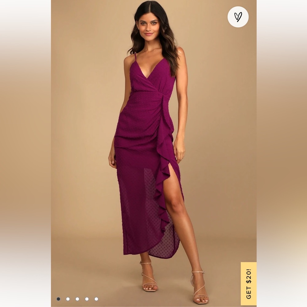 Lulu’s For Us to Dance Magenta Swiss Dot Ruffled Midi Dress